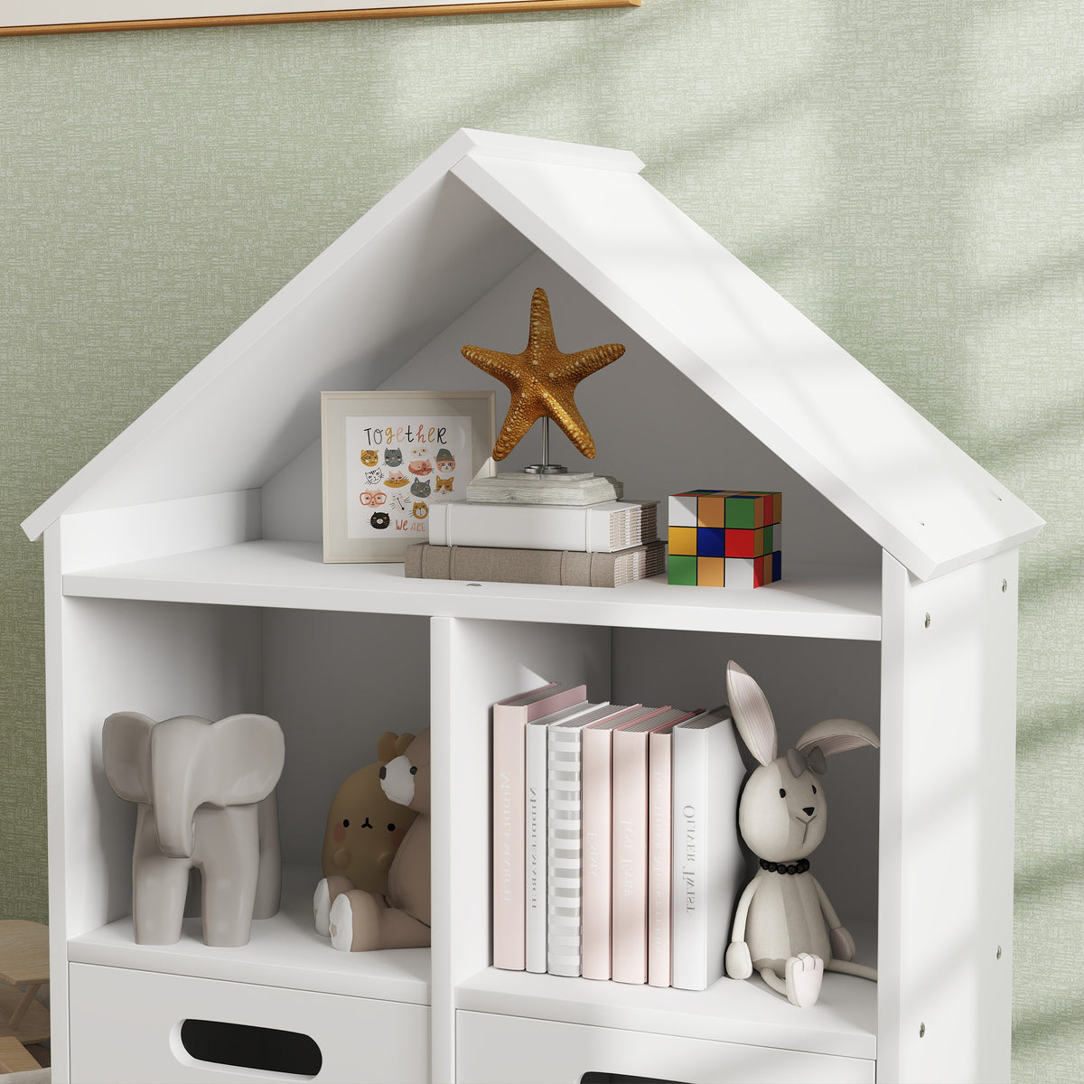 Aiyaplay Librería Infantil 3 Niveles Forma Casa Con 3 Estantes 2 Armarios Blanco_3