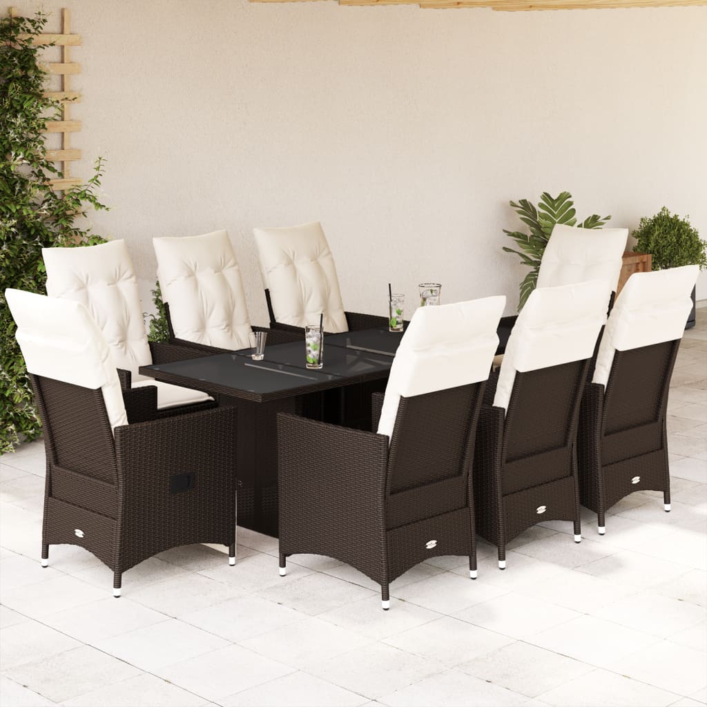 Set Comedor Para Jardín 9 Pzas Y Cojines Ratán Sintético Marrón / Vetonek_1