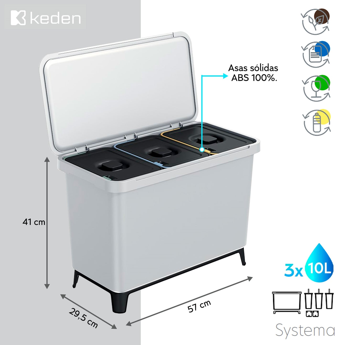 Sistema Clasificador De Reciclaje 3x10l Color Blanco Keden_1