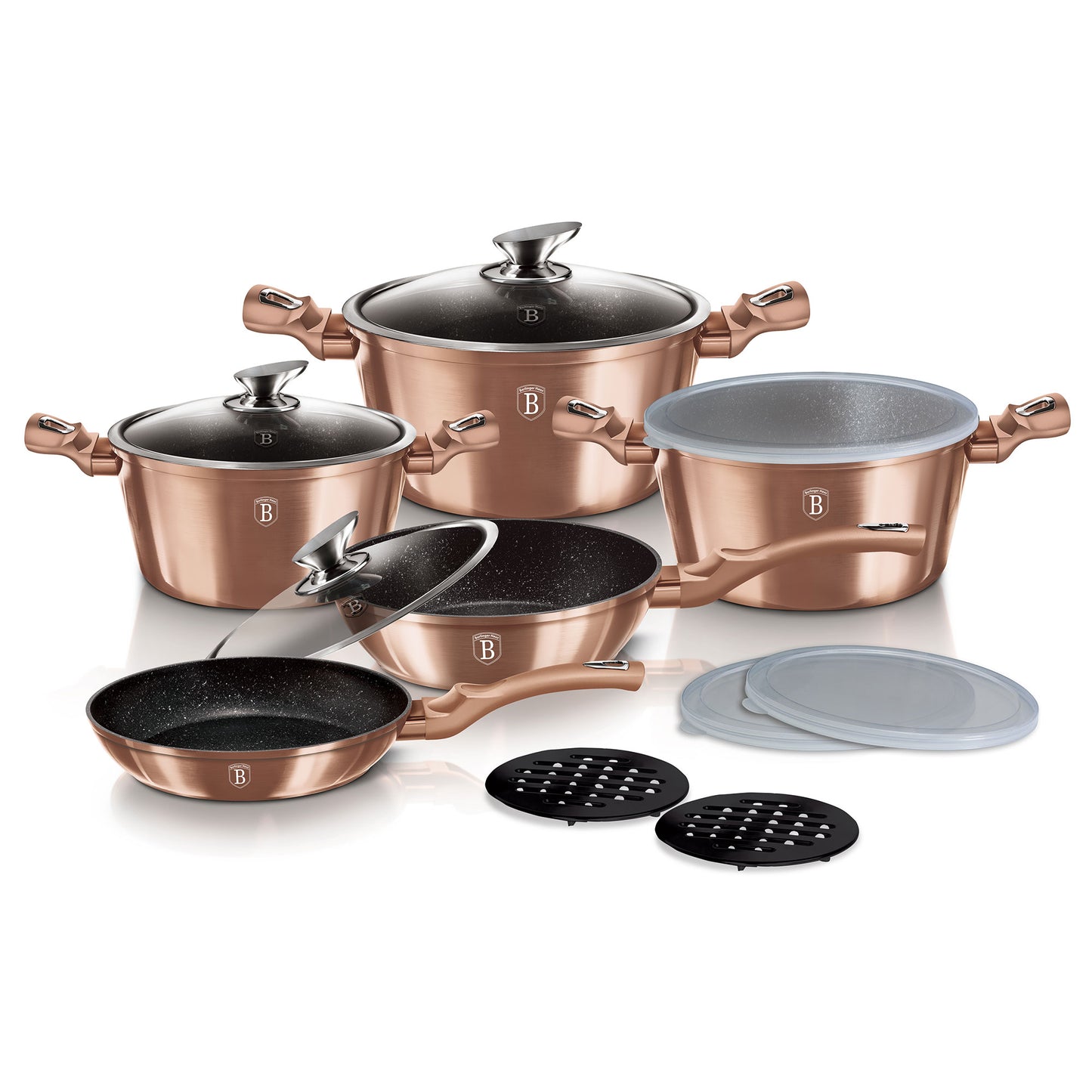 Batería Cocina Inducción 13 Piezas, Antiadherente Sin Pfoa, Aluminio, Cazuelas Sartenes Tapas Berlinger Haus Rose Gold Oro Rosado_0