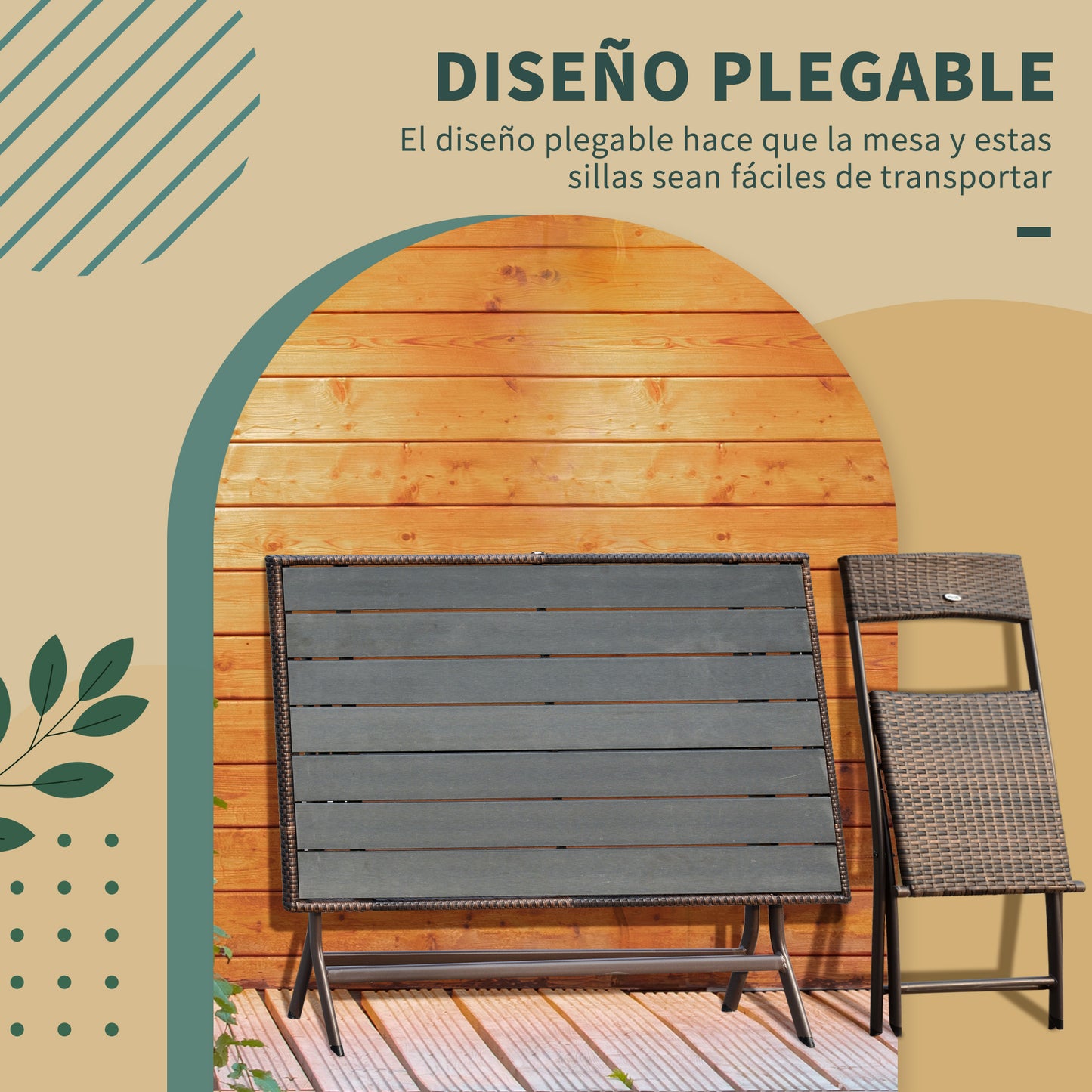 Outsunny Conjunto De Mesa Sillas Muebles Plegable Ratán Para Jardín Exterior_5