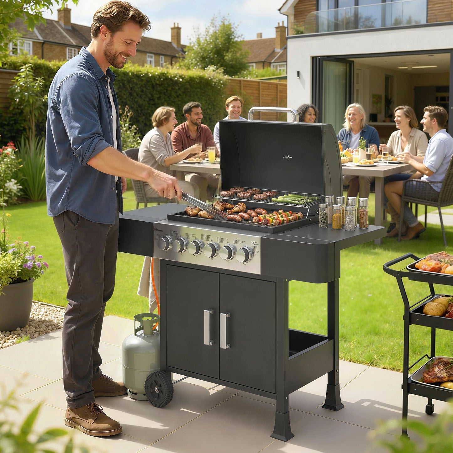 Outsunny Barbacoa De Gas Con 6 Quemadores 15 Kw Termómetro Mesas Laterales Negro_1