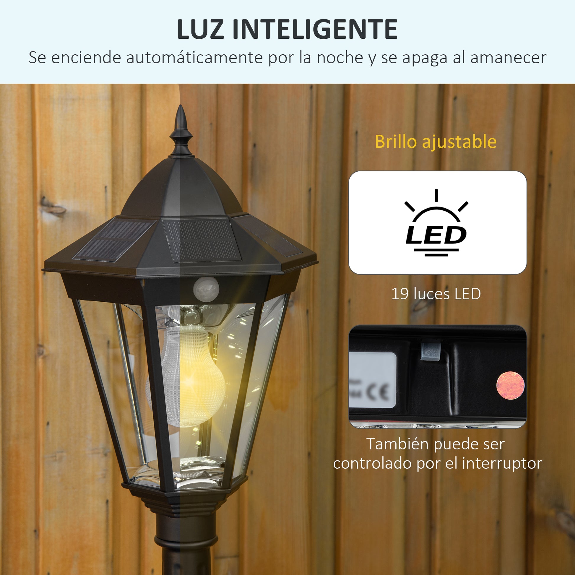 Outsunny Farola Solar Con Panel Solar Encendido Automático 22x22x194 Cm Negro_5
