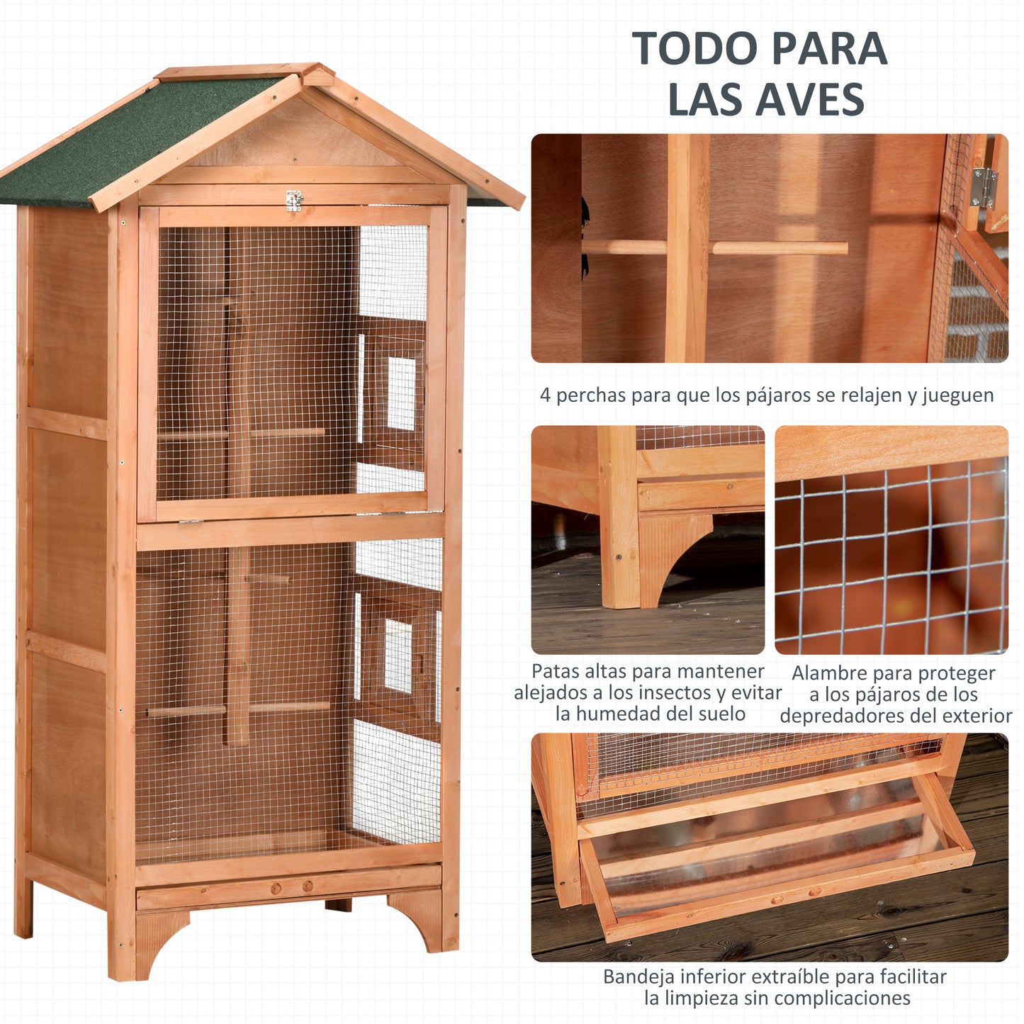 Pawhut Jaula Para Pájaros Pajarera De Madera Con 3 Puertas 4 Perchas Bandeja Extraíble Y Techo Asfáltico 80_4