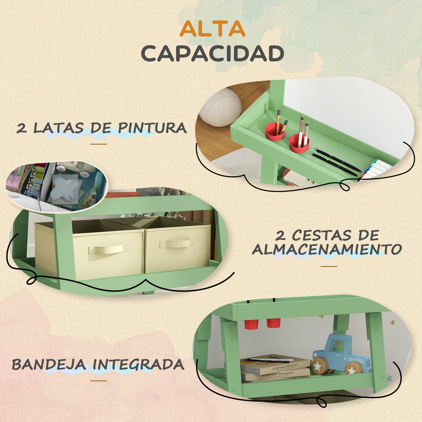 Aiyaplay Pizarra Infantil Caballete 3 En 1 Con Rollo De Papel Y Cestas Verde_4