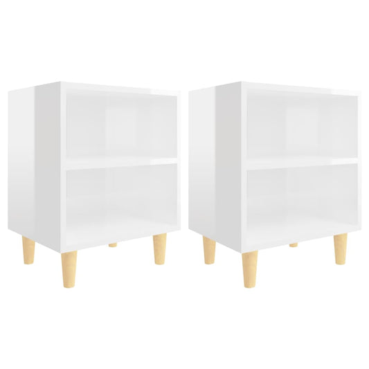 Mesitas De Noche Patas Madera 2 Uds Blanco Brillo 40x30x50 Cm_0