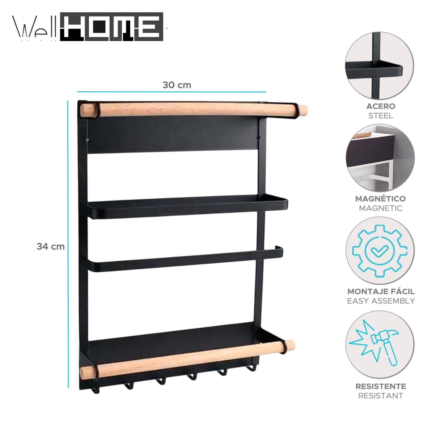Well Home Rack De Fijación Magnética En Acero Pintado Color Negro