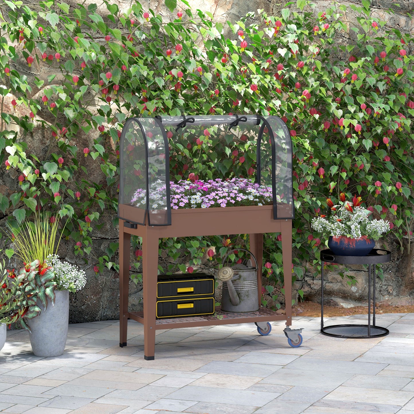 Outsunny Mesa De Cultivo Con Ruedas 80x40x120 Cm Con Cubierta Marrón_1