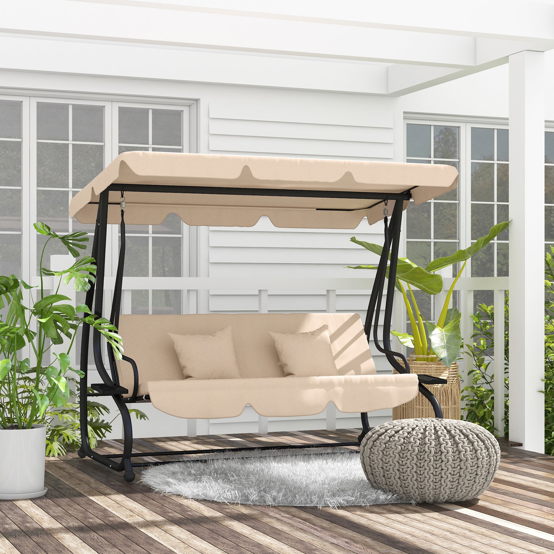 Outsunny Columpio De Jardín Exterior 2 En 1 Con Toldo Ajustable Y Cojines Arena_1