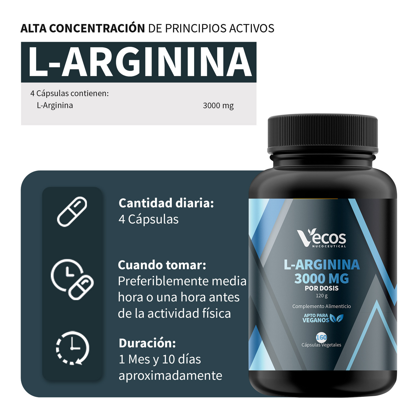 L-arginina 3000 Mg Vecos 160 Cápsulas | Rendimiento Y Fuerza Muscular | Óxido Nítrico_2
