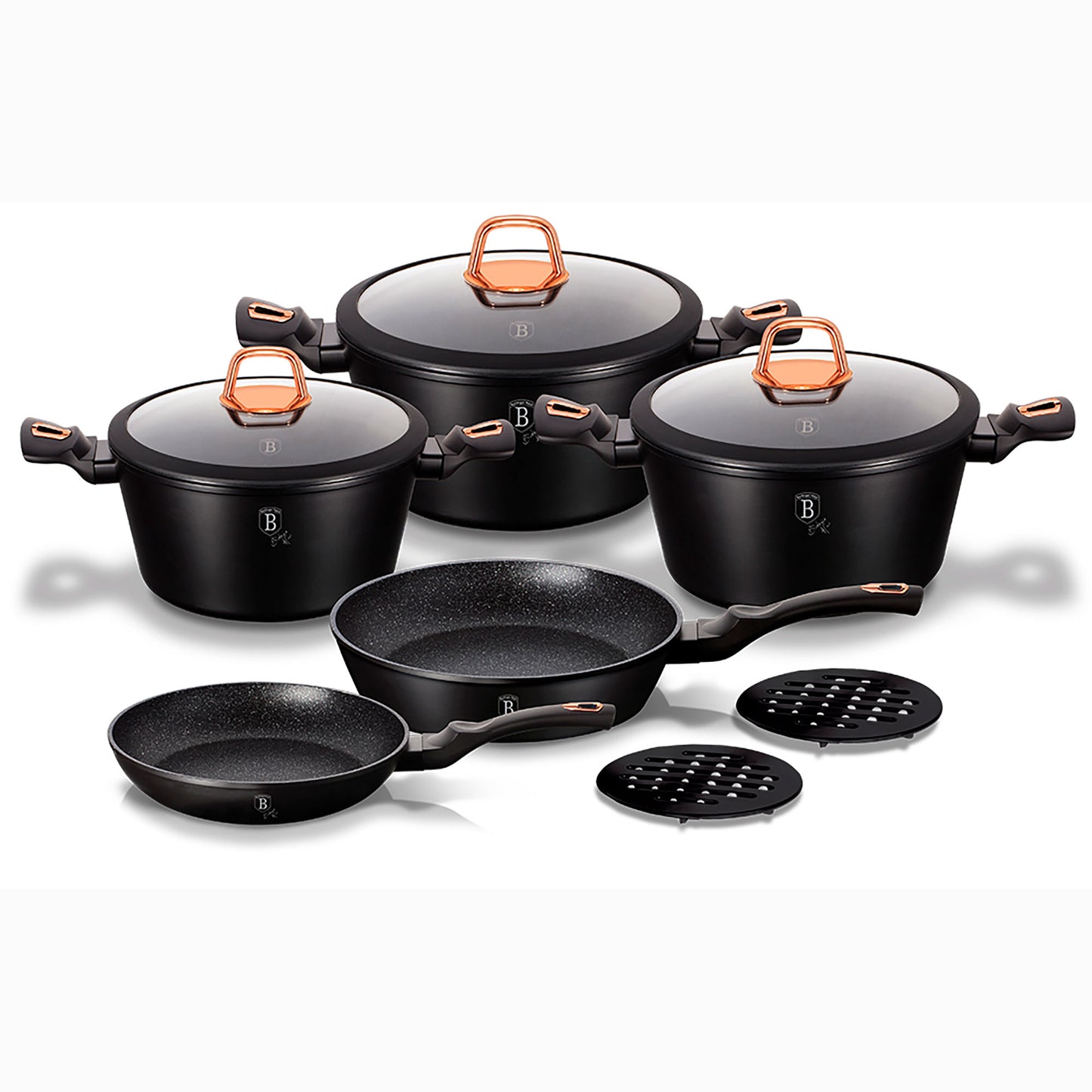 Batería Cocina Inducción 10 Piezas, Antiadherente Mármol Sin Pfoa, Aluminio, Cazuelas Sartenes Berlinger Haus Black Rose Negro_0