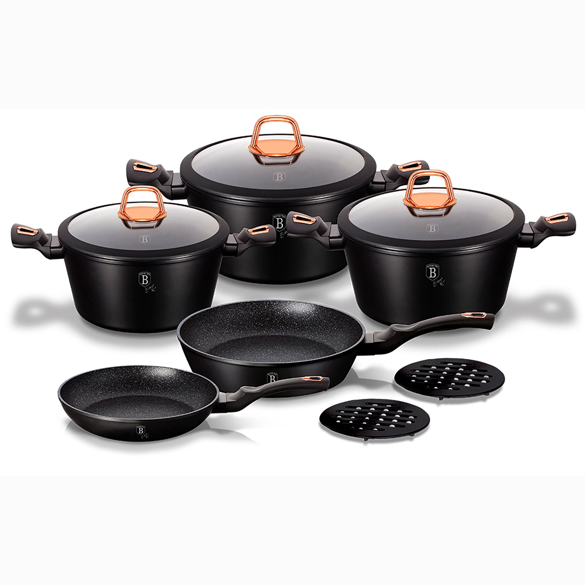 Batería Cocina Inducción 10 Piezas, Antiadherente Mármol Sin Pfoa, Aluminio, Cazuelas Sartenes Berlinger Haus Black Rose Negro_0