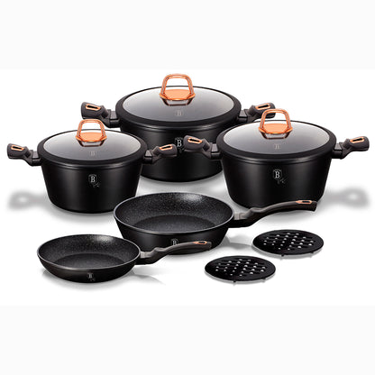Batería Cocina Inducción 10 Piezas, Antiadherente Mármol Sin Pfoa, Aluminio, Cazuelas Sartenes Berlinger Haus Black Rose Negro_0