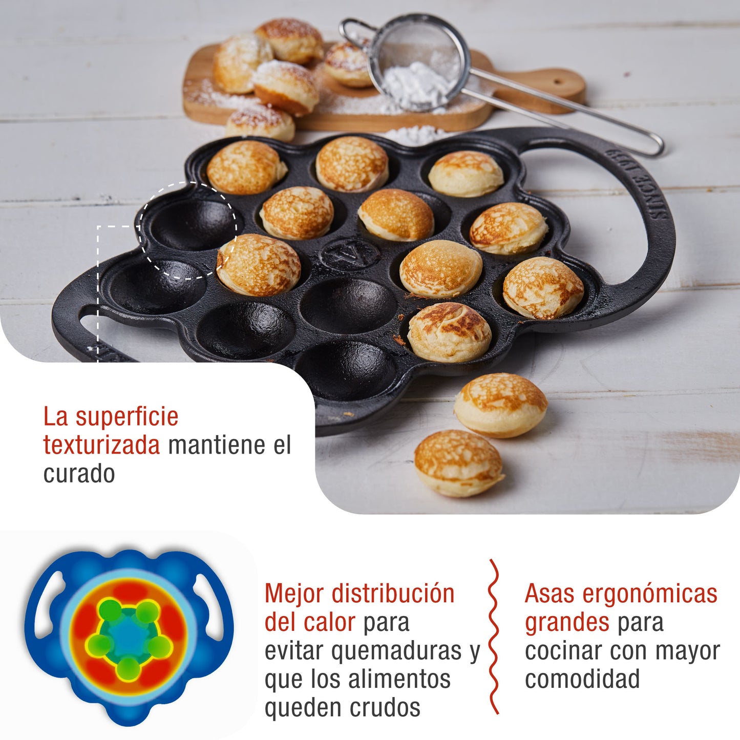 Victoria Sartén Hierro Fundido Esmaltado Mini Pancakes, Poffertjes, Provoletera Apta Inducción, Barbacoa, 39.233, Negro_2
