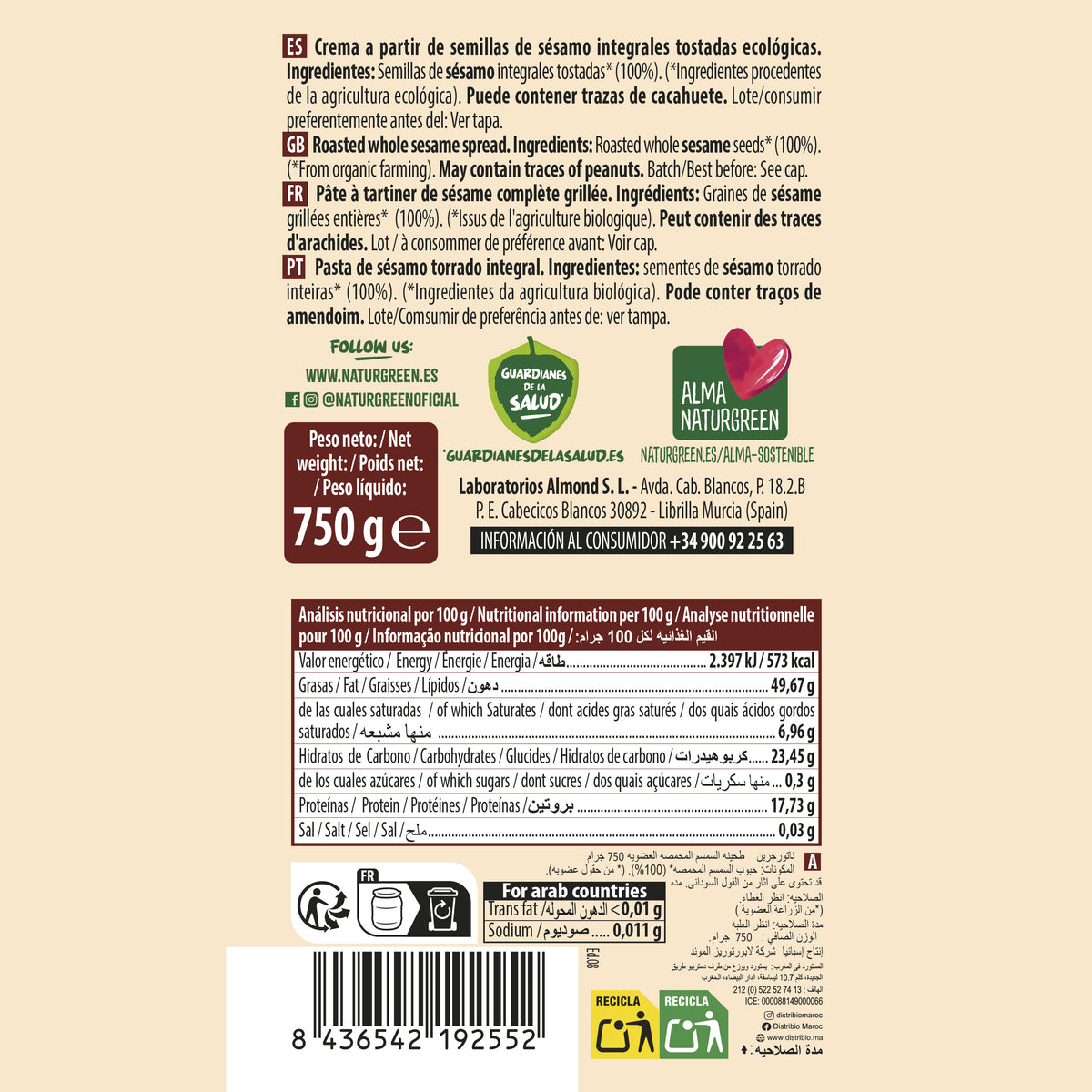 Tahini Integral Tostado Naturgreen 750 g