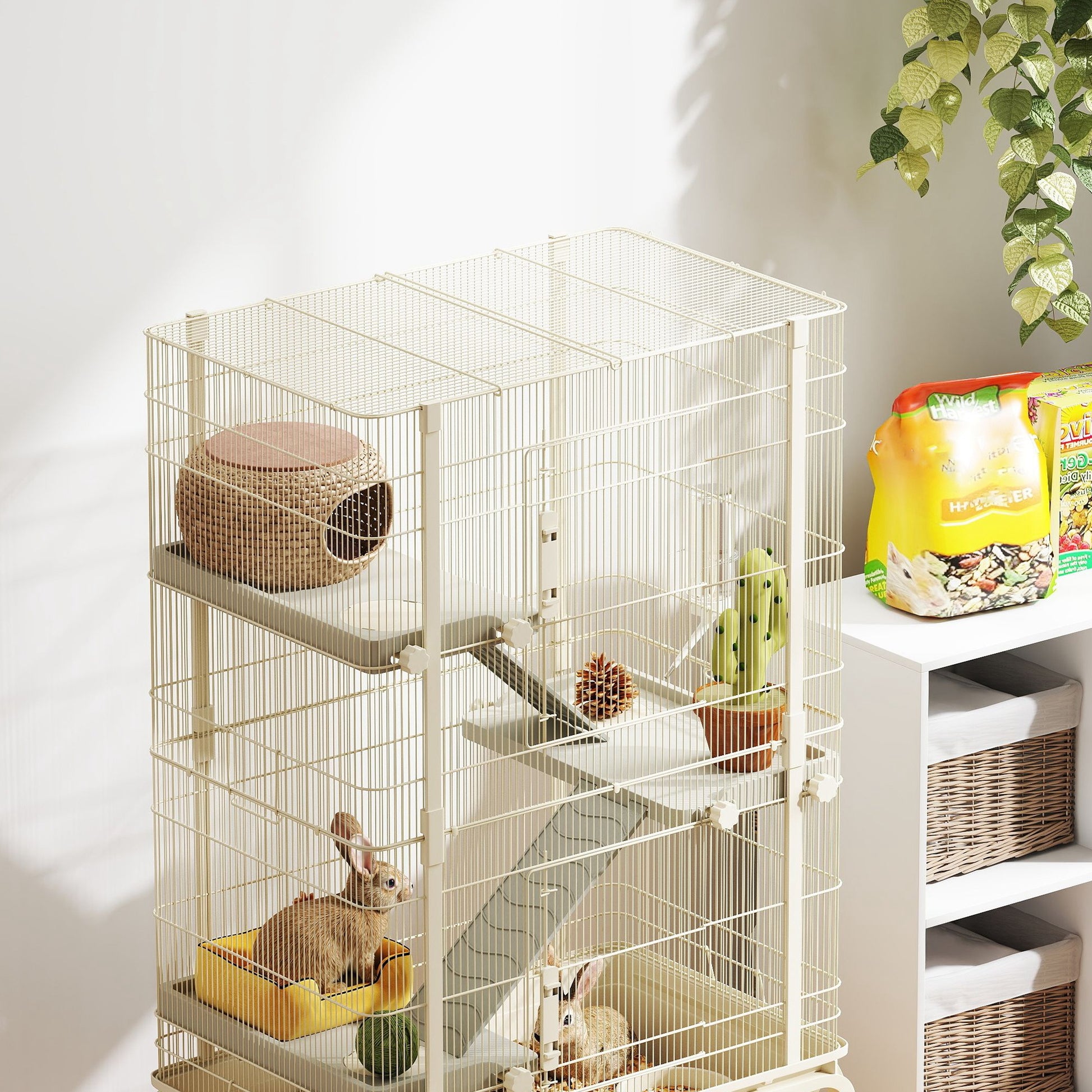 Pawhut Jaula Para Animales Pequeños De 4 Niveles Con Ruedas 69x44x120 Cm Beige_3