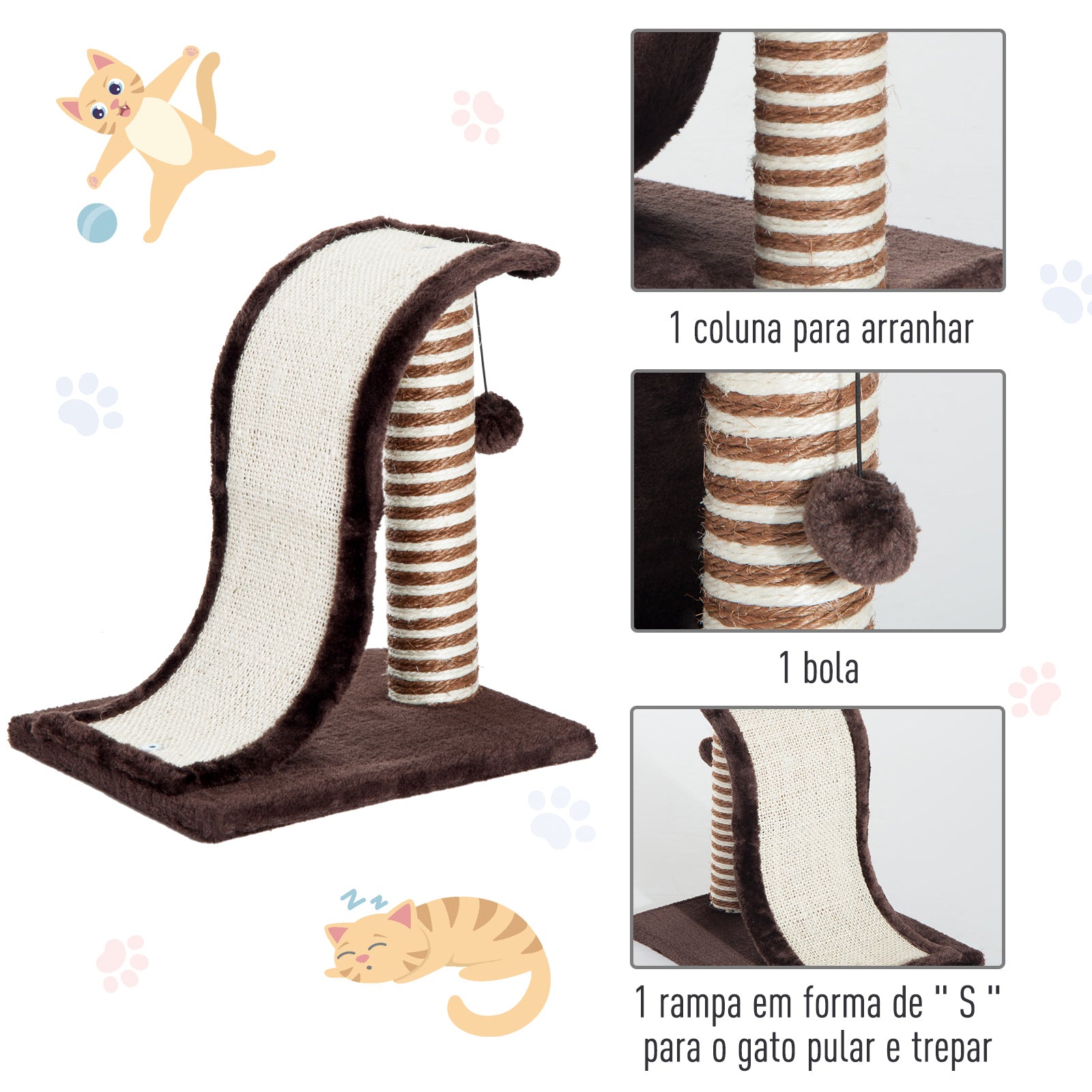 Pawhut Rascador Árbol Para Gatos De Sisal Para Jugar Y Arañar Marrón Crema_4