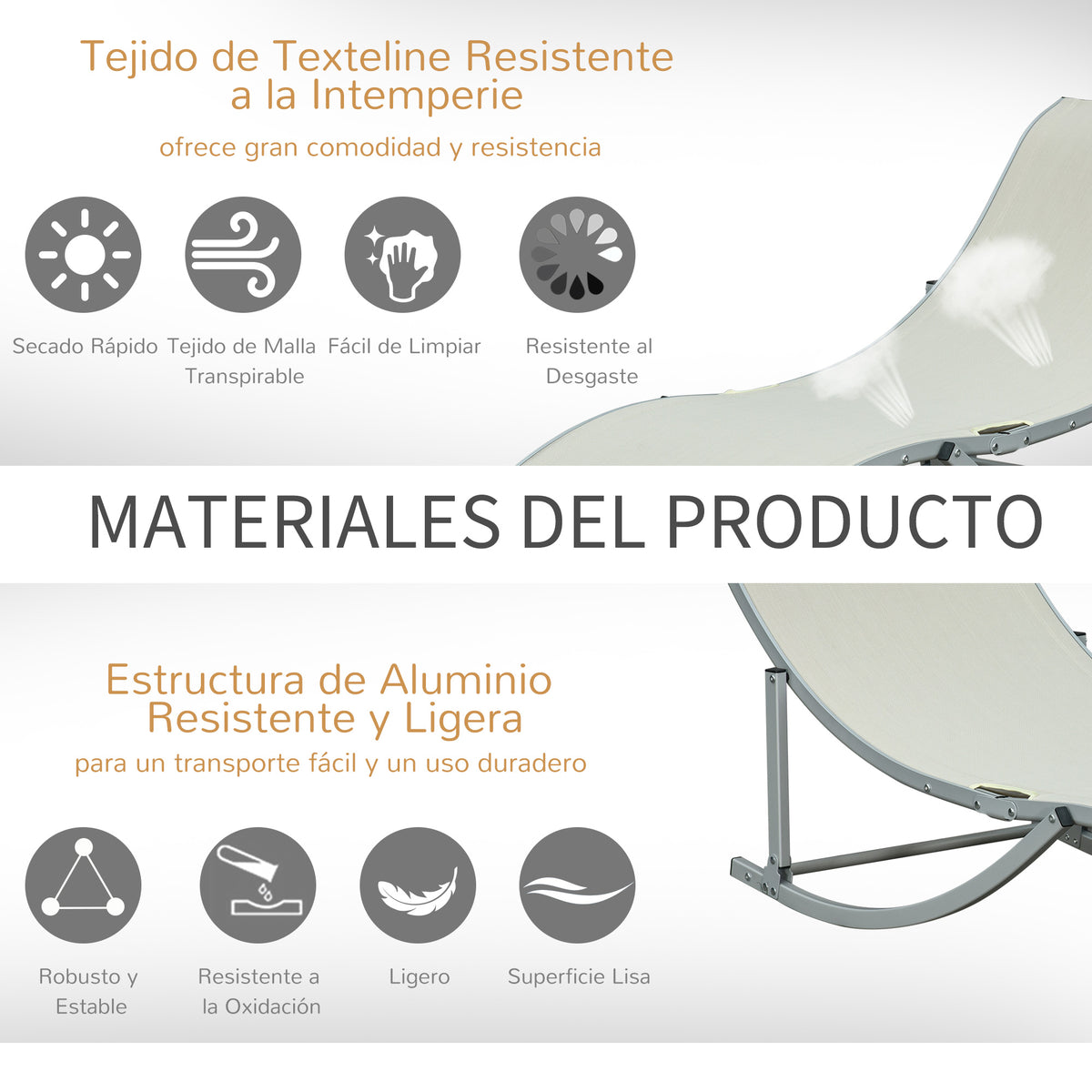 2 Tumbonas Plegables De Jardín Aluminio Outsunny 165x61x63 Cm Beige_5