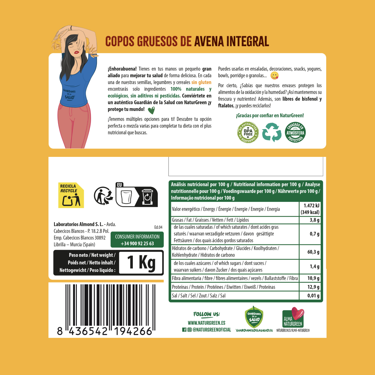 Copos de Avena Gruesos Sin Gluten Bio NaturGreen 1 Kg