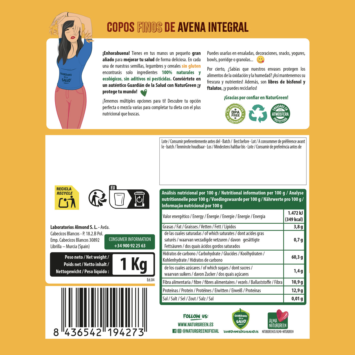 Pack 2x Copos de Avena Finos Sin Gluten Bio NaturGreen 1Kg