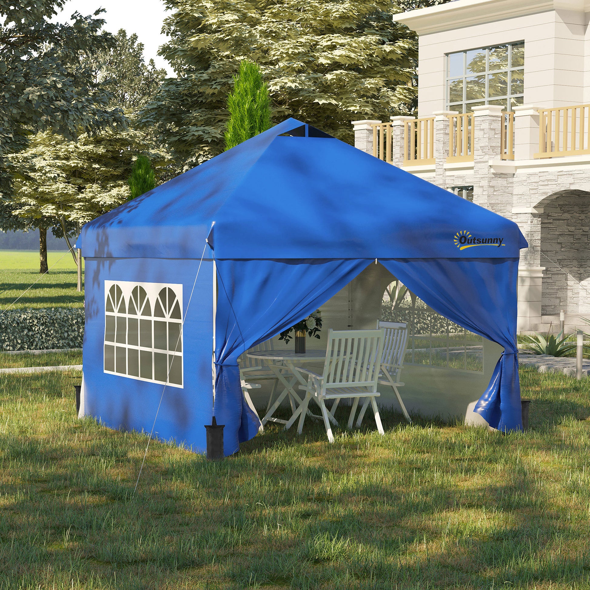 Outsunny Cenador De Jardín 3x3m Con Altura Ajustable 4 Paredes Extraíbles Azul_1