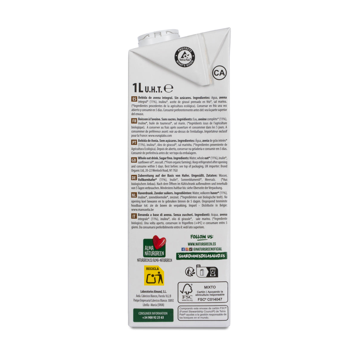 Pack 6 uds Bebida de Avena Integral 0% Azúcares Bio NaturGreen 1 L
