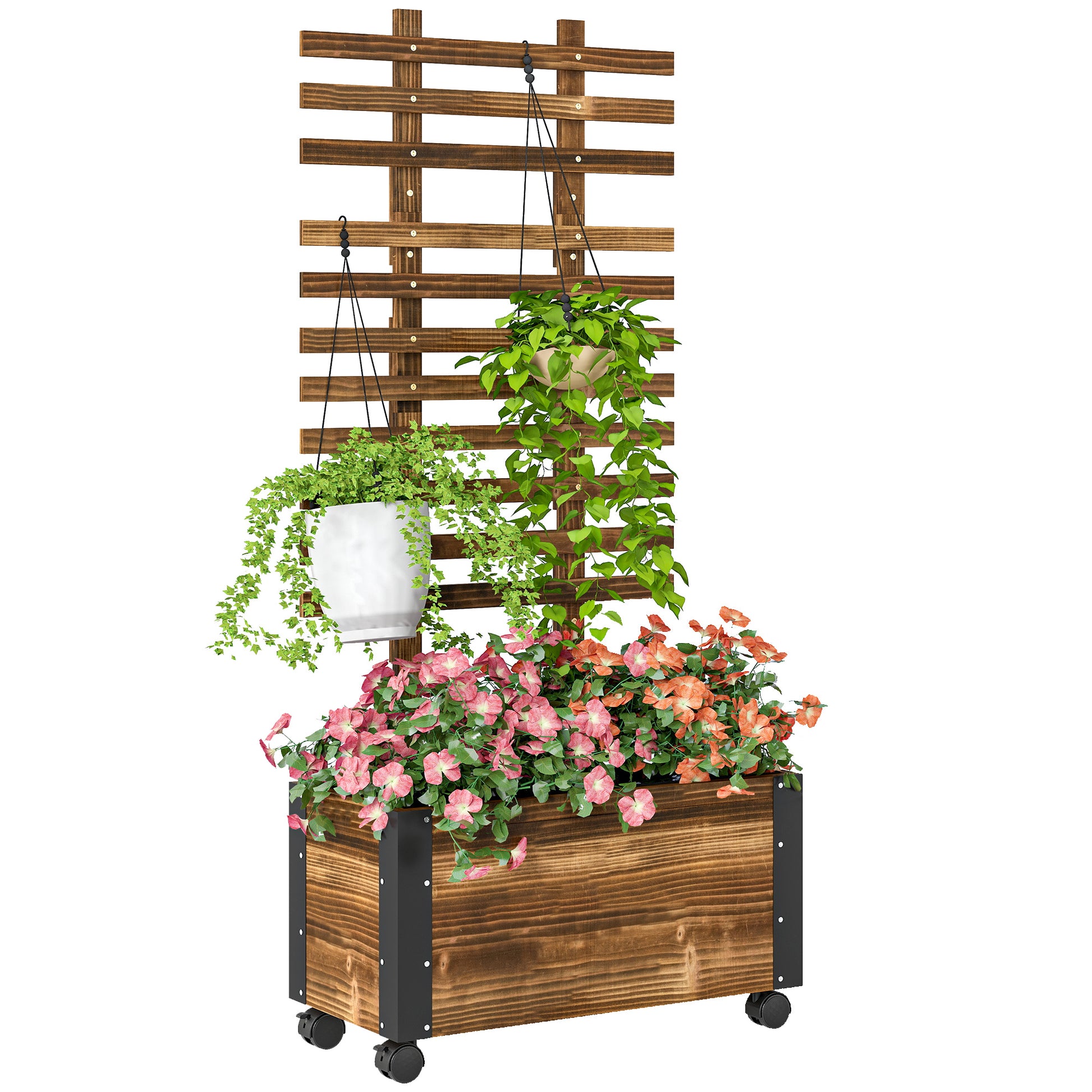 Outsunny Jardinera Con Ruedas Y Celosía 65x31x147 Cm Carbonizado_0