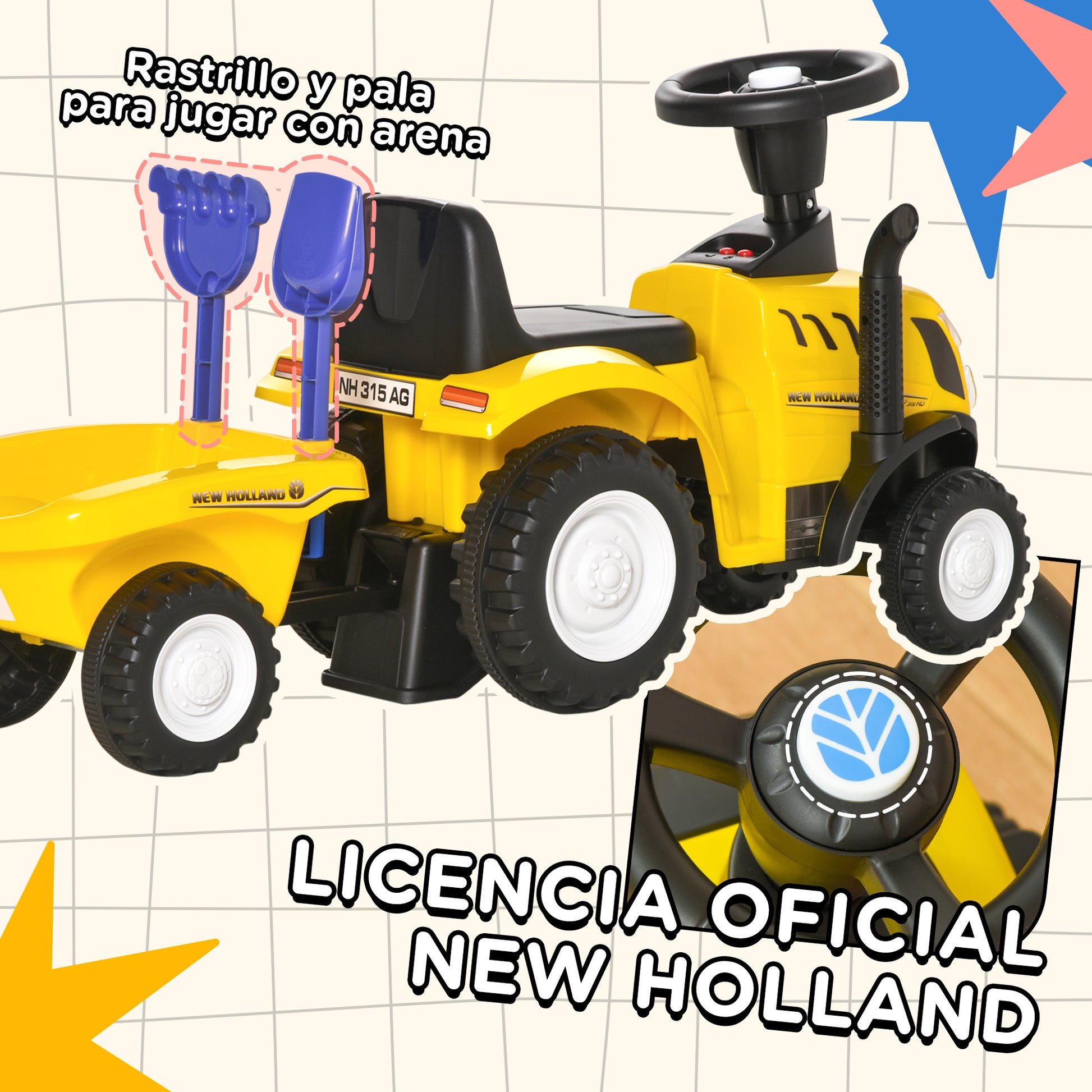 Homcom Tractor Con Remolque Para Niños 12-36 Meses Con Faros Pala Y Rastrillo_3