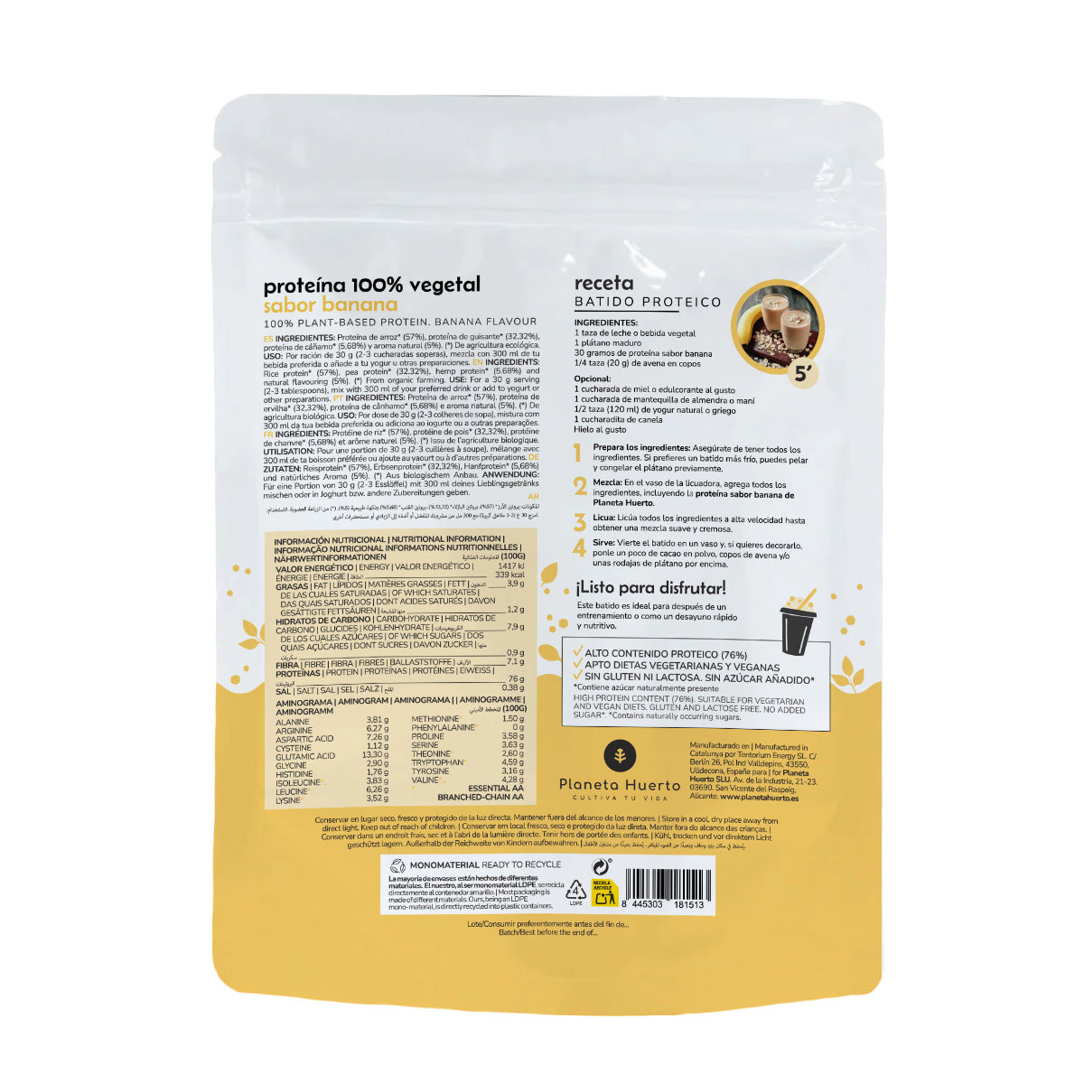 Proteína vegetal ECO 76% Banana Planeta Huerto 500 g