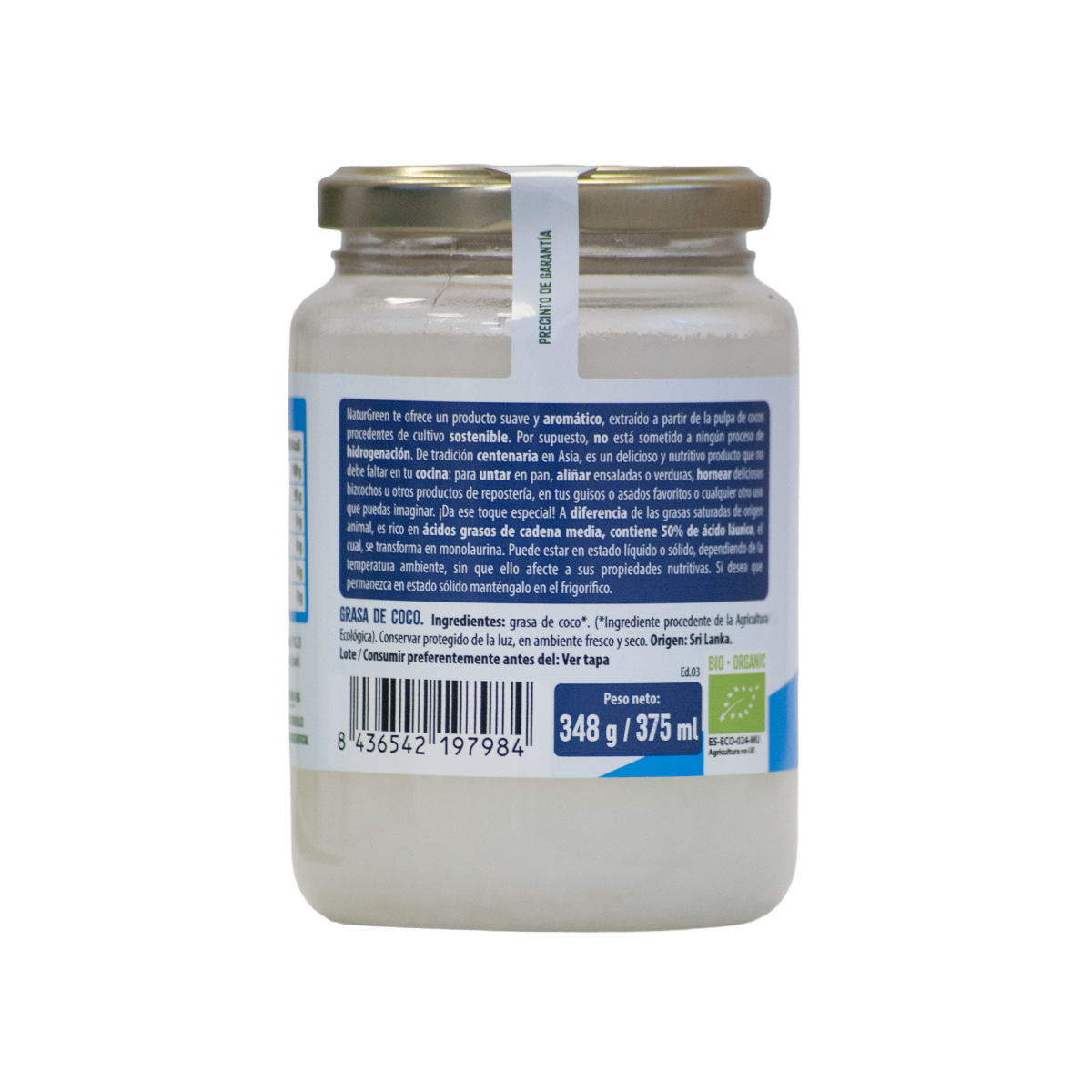 Grasa de coco Bio envase PET NaturGreen 375 ml