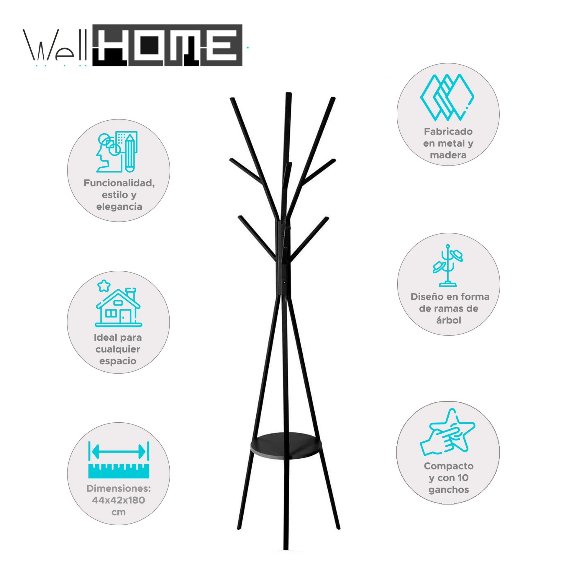 Perchero Madera Y Metal Mdf Negro H.180cm