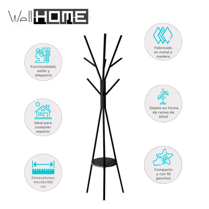 Perchero Madera Y Metal Mdf Negro H.180cm