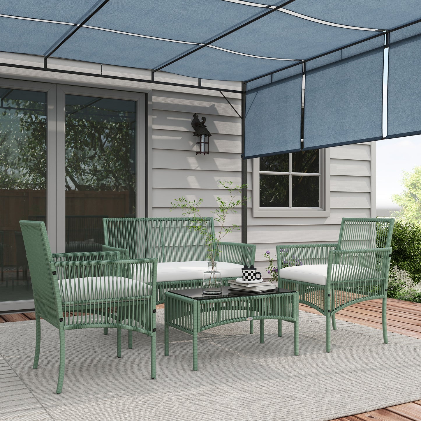 Outsunny Conjunto De Jardín Exterior De Ratán Sintético De 4 Piezas Verde Oscuro_1