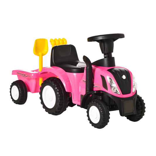 Homcom Tractor Con Remolque Para Niños 12-36 Meses Con Faros Pala Y Rastrillo_0