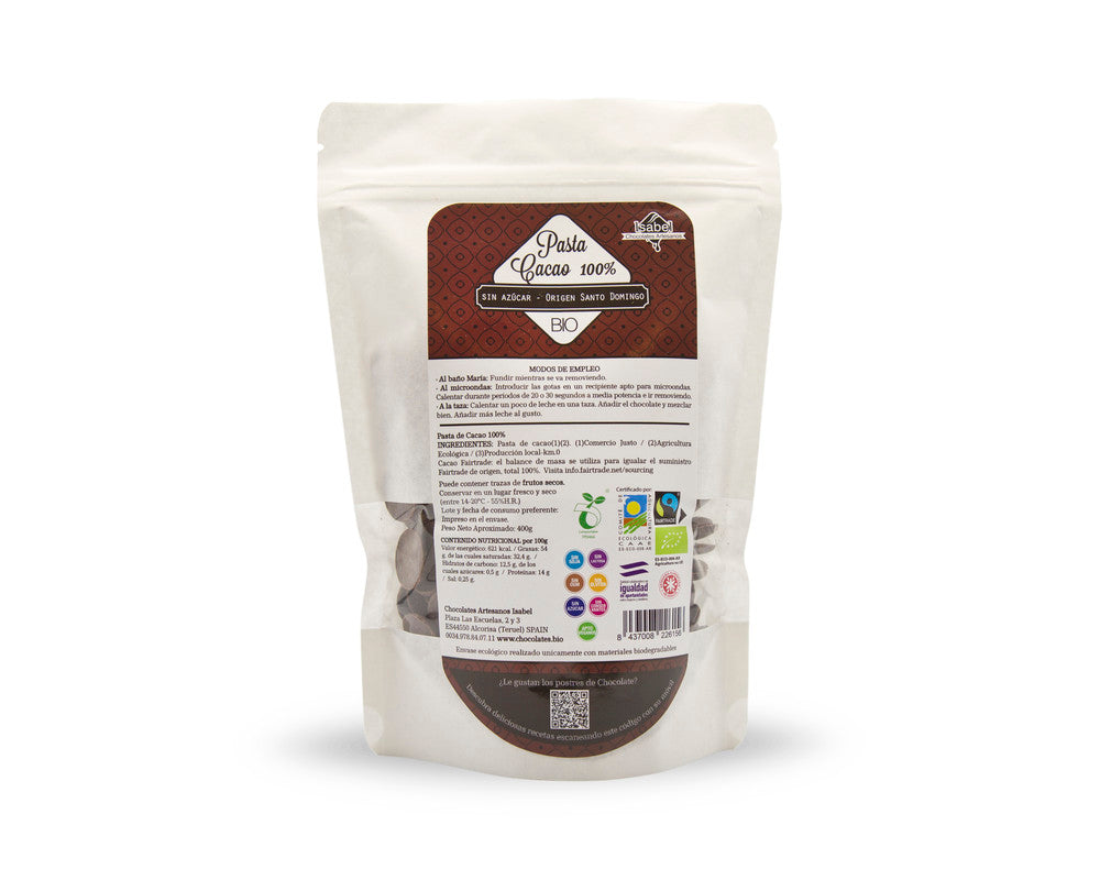 Pasta de cacao Bio, 100% cacao, 400g. Origen República Dominicana. Sin azúcar y siin edulcorantes_0