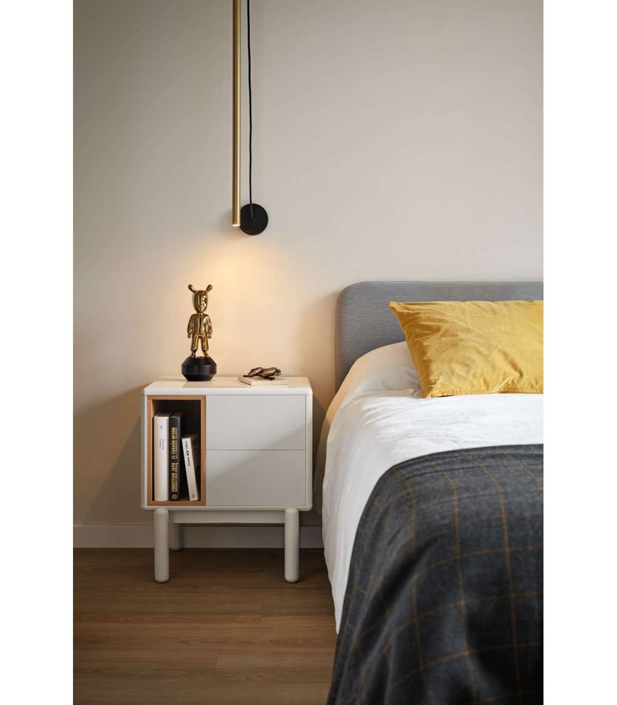 Mesita De Noche Para Dormitorio Modelo Corvo 1 Hueco 2 Cajones Acabado Crema, 35cm(ancho)_5