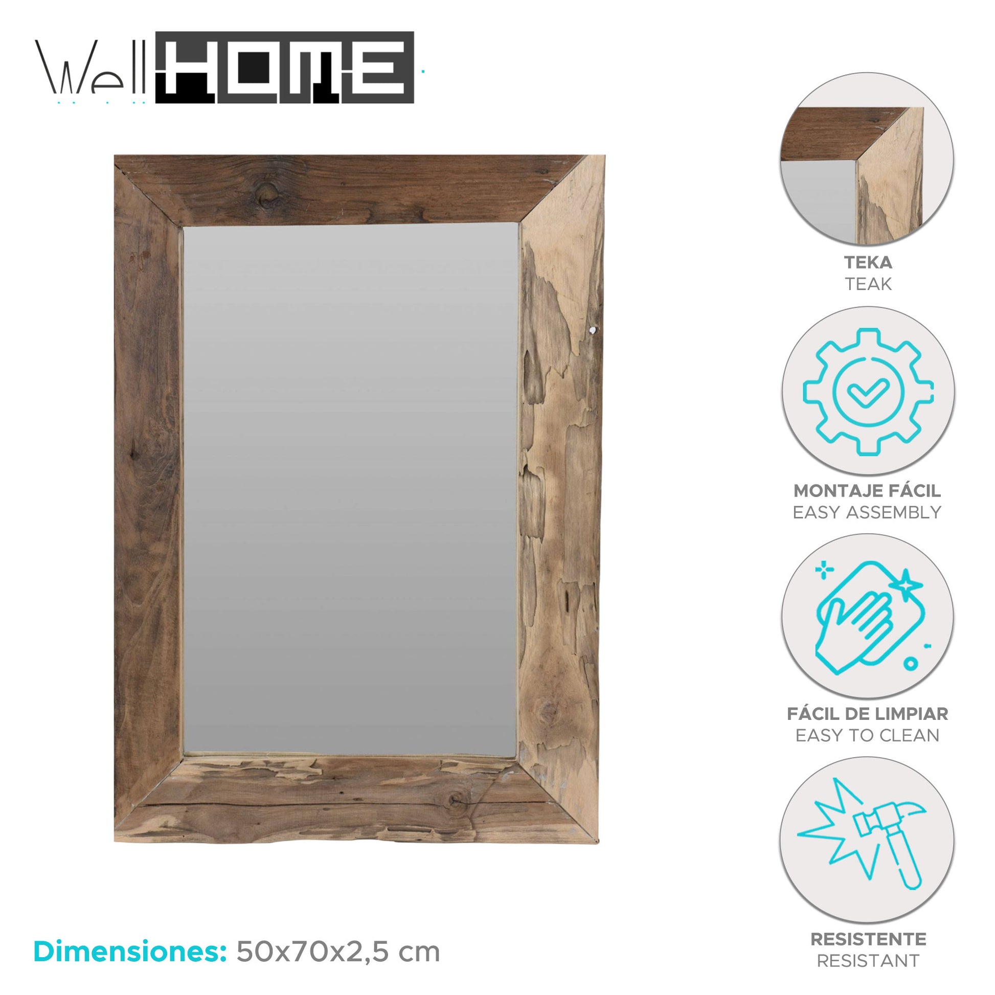 Well Home Espejo En Madera Formato Rectangular 50x70cm_1