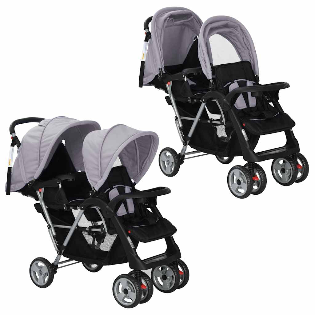 Vidaxl Carrito Para 2 Niños Tandem De Acero Gris Y Negro_0