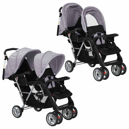 Vidaxl Carrito Para 2 Niños Tandem De Acero Gris Y Negro_0