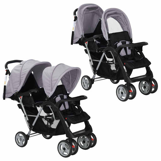 Vidaxl Carrito Para 2 Niños Tandem De Acero Gris Y Negro_0