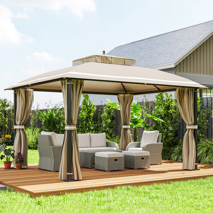 Outsunny Cenador Para Jardín 3,7x3 M Con Paredes Laterales Mosquiteras Beige_1