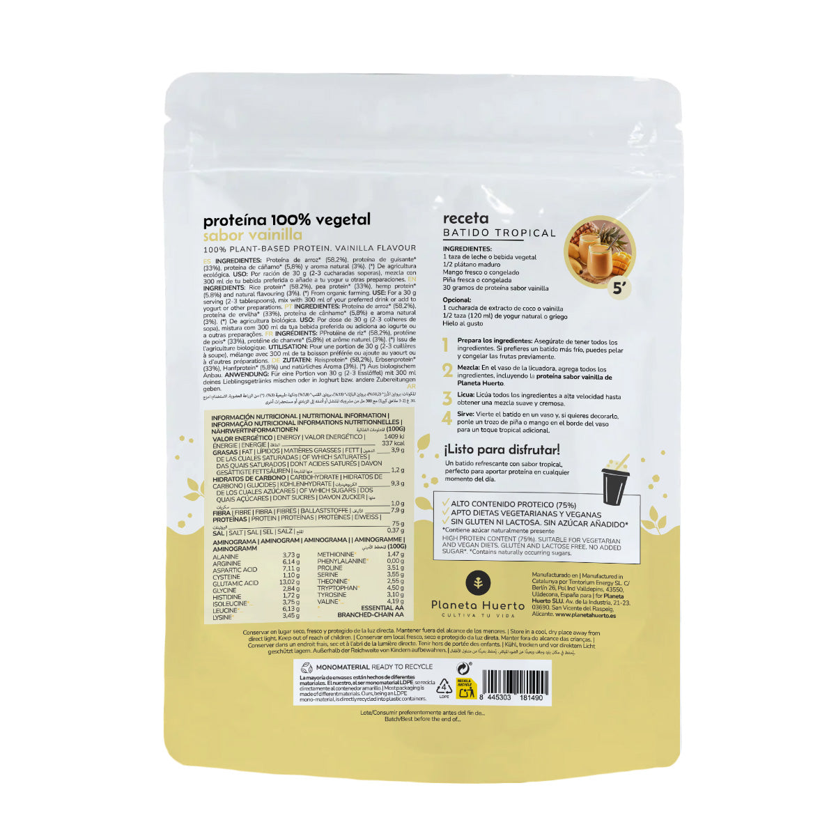 Proteína vegana Eco 75% vainilla Planeta Huerto 500 g