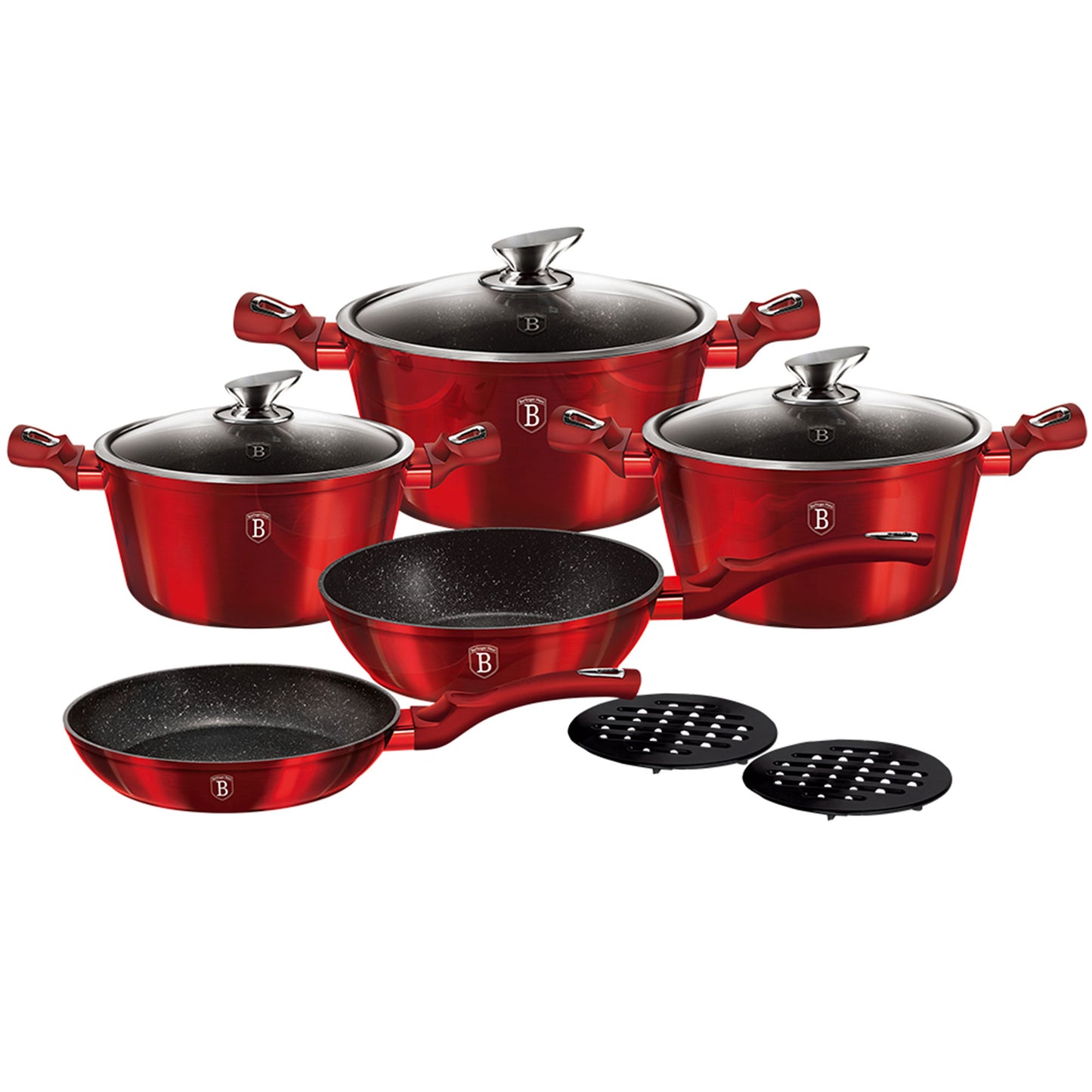 Batería Cocina Inducción 10 Piezas, Antiadherente Mármol Sin Pfoa, Aluminio, Cazuelas Sartenes Berlinger Haus Burgundy Rojo_0