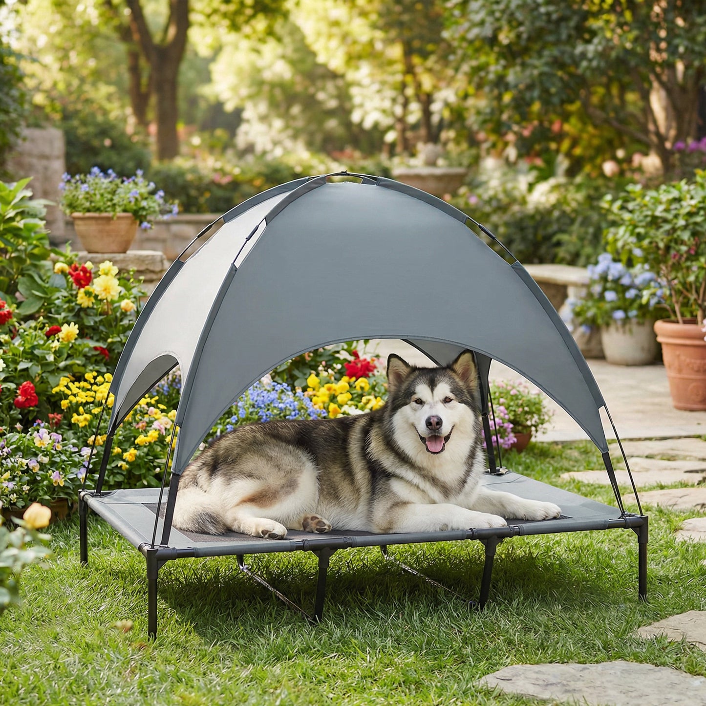 Pawhut Cama Elevada Para Mascotas Portátil Con Toldo Extraíble Exterior_1