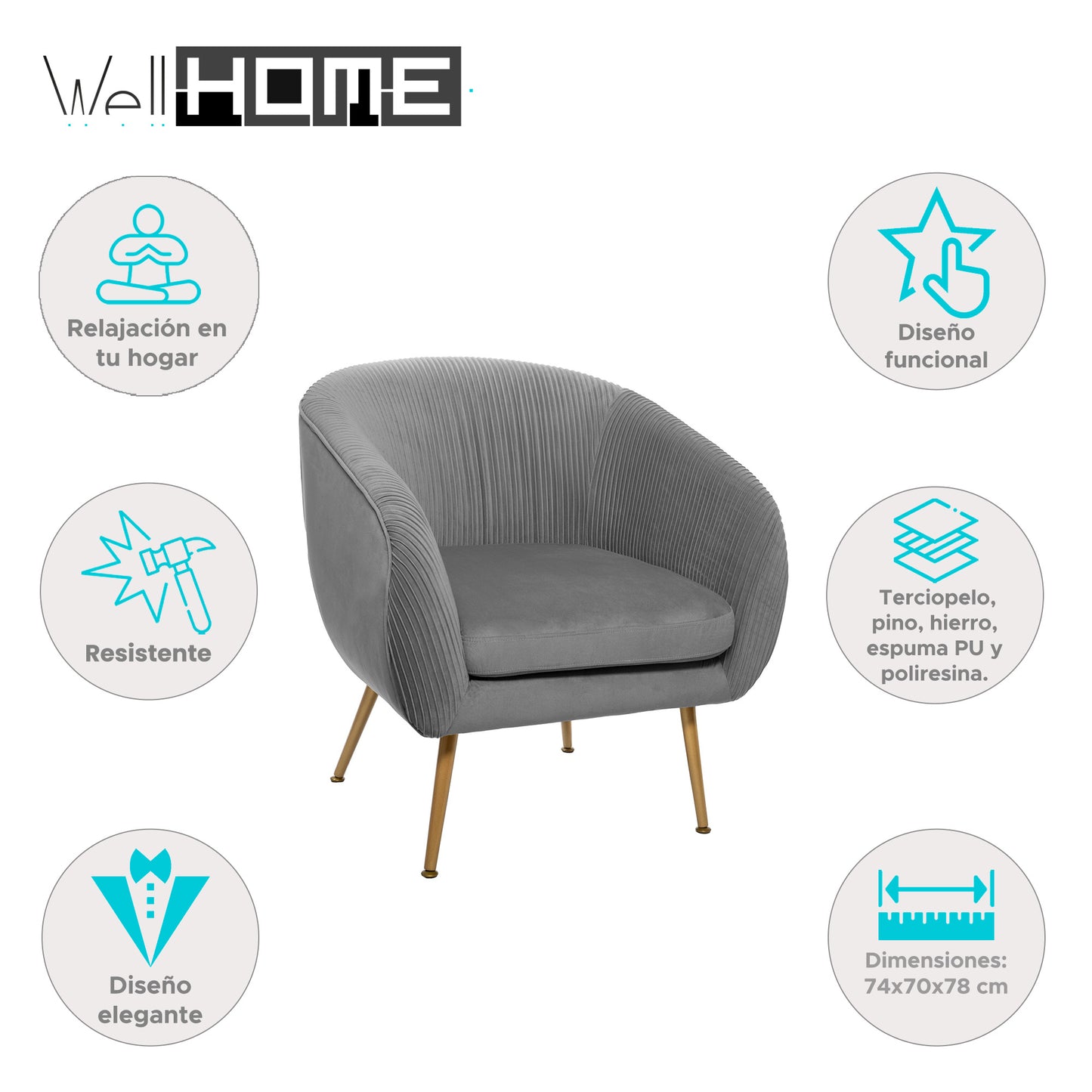 Well Home - Sillón solaro De Terciopelo Gris_1