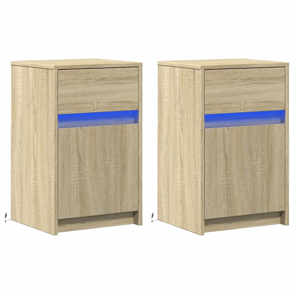 Mesitas De Noche Luces Led 2 Uds Madera Ingeniería Roble Sonoma_1