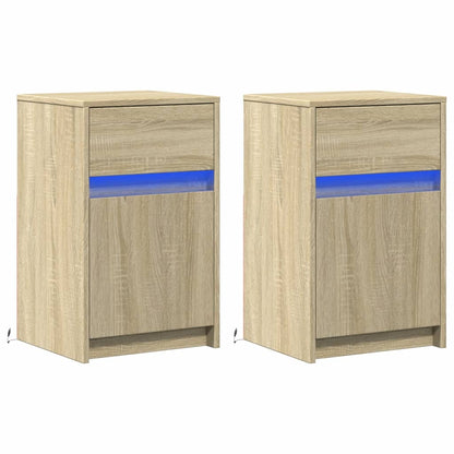 Mesitas De Noche Luces Led 2 Uds Madera Ingeniería Roble Sonoma_1