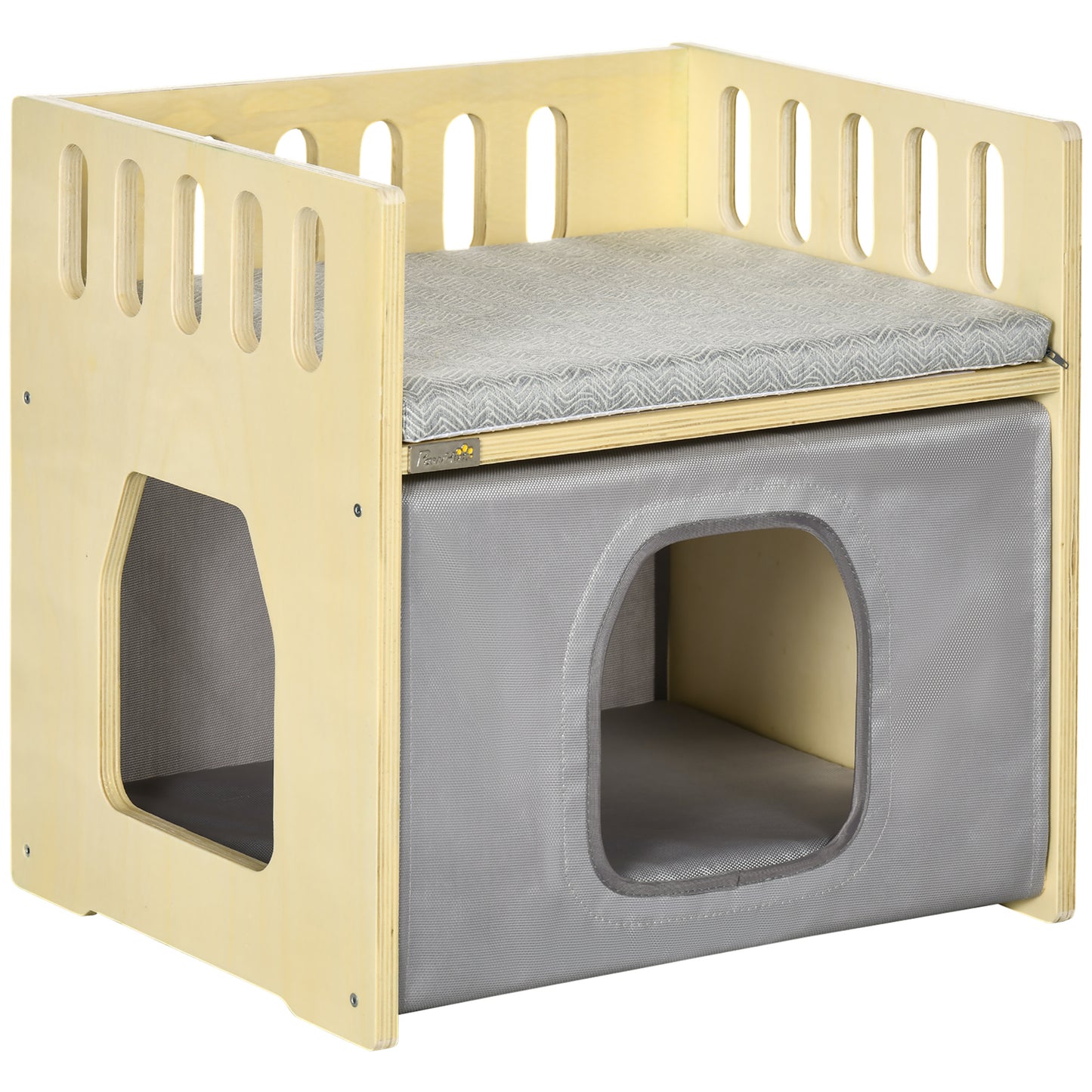 Pawhut Cama Para Gatos Madera Con 2 Cojines Cubierta De Tela Oxford 48x38x47 Cm_0
