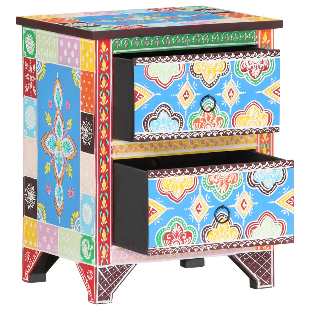 Mesita De Noche Pintada A Mano Madera Maciza Mango 40x30x50 Cm_0