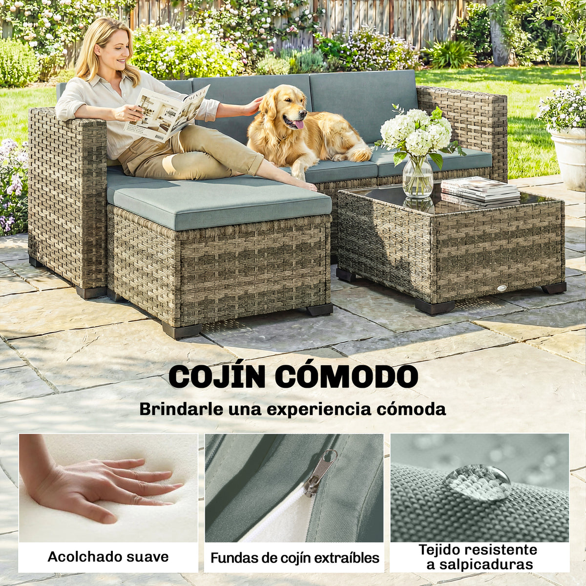 Outsunny Conjunto Muebles Jardín Exterior De Ratán 5 Piezas Cojines Gris Claro_5